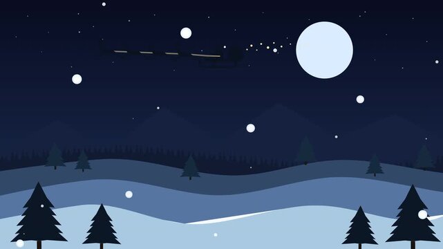 Pixel art santa sleigh flying over snowy winter night landscape