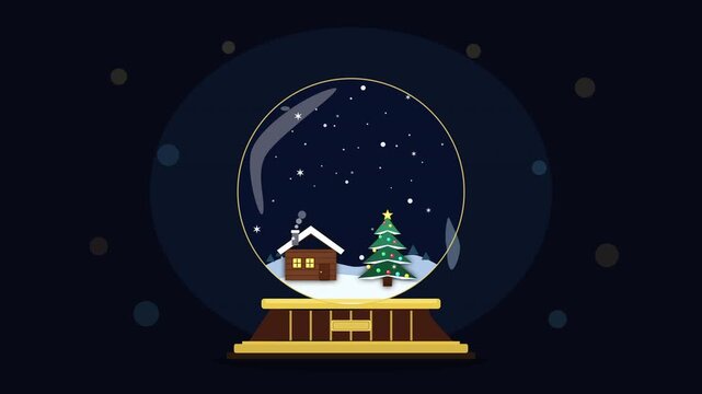 Pixel art snow globe animation with cabin and tree in winter landscape