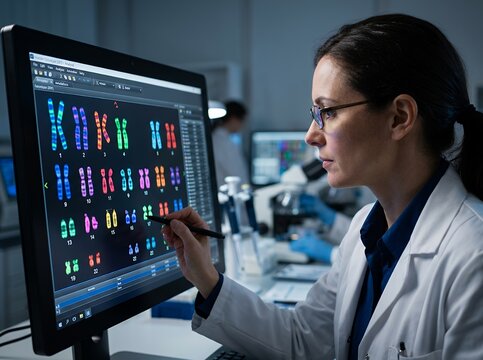 Scientist analyzing chromosomes on computer screen in laboratory.