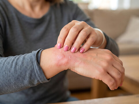 Close Up of Person Scratching Irritated Red Skin and Allergic Rash on Hand