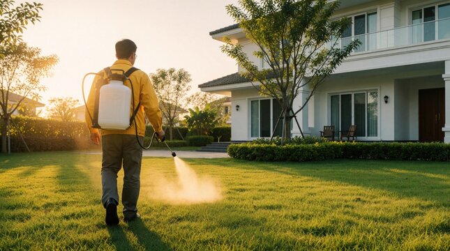 Pro exterminator in yellow uniform walks on green lawn near modern luxury house. Man uses backpack sprayer to apply pest control liquid on grass at sunset. Worker performs garden disinfection