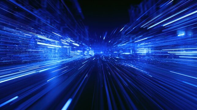 Abstract blue light streaks zooming through digital space