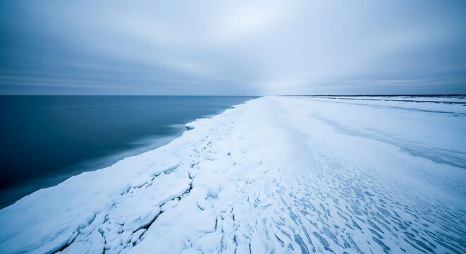 Frozen ice shelf along the dark blue ocean water under a cloudy winter sky