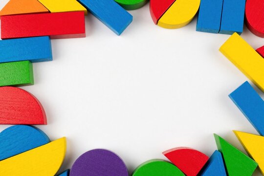 Colorful wooden fraction shapes form circle frame on white background. Geometric math toys include circles, triangles, rectangles for kids learning division. Educational preschool materials help