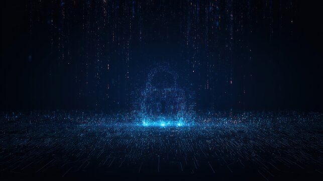 Digital lock icon emerging from abstract data stream in dark blue futuristic environment
