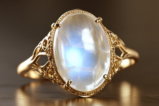 Elegant oval rainbow moonstone ring in intricate gold setting