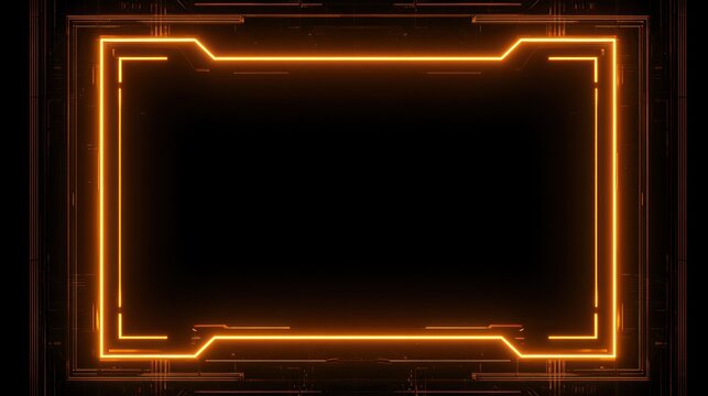 Glowing orange neon border frame on black background with digital circuitry elements