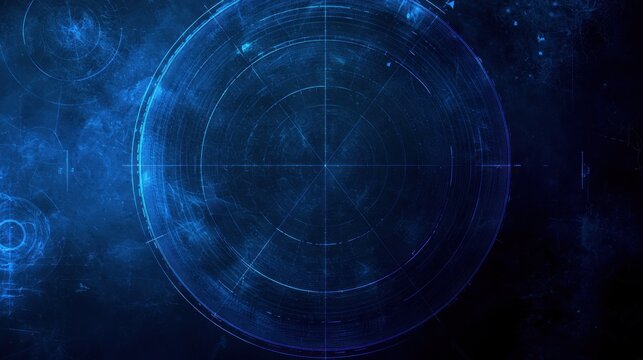 Abstract blue circular hud interface with glowing lines and grid