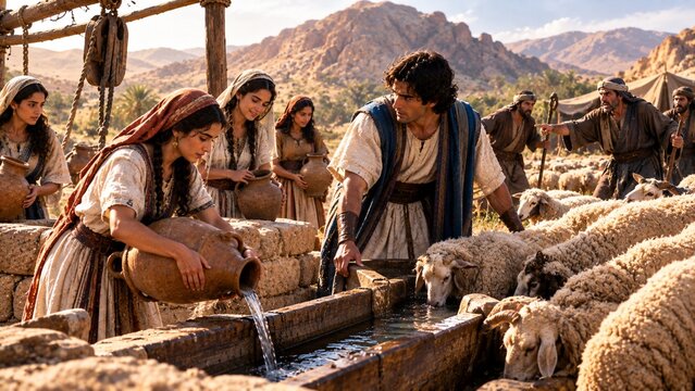 Biblical illustration depicting Moses standing up to defend the seven daughters of the Midianite priest Reuel (Jethro) at a well, driving away shepherds who tried to prevent them from watering their 