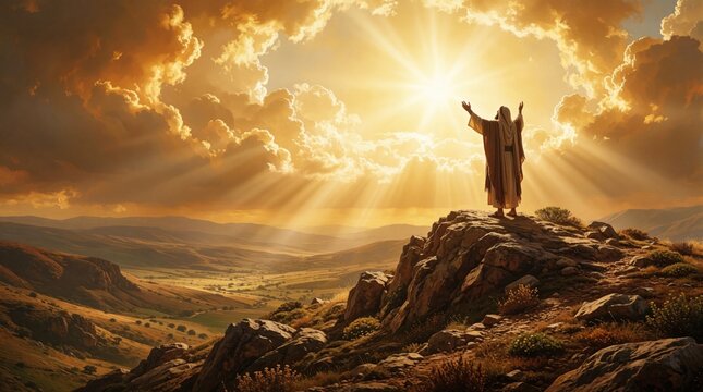 Biblical patriarch Abraham stands on rocky hilltop under bright sun. Old man raises arms towards heaven in prayer. Golden light shines through clouds over vast desert landscape. Religious man