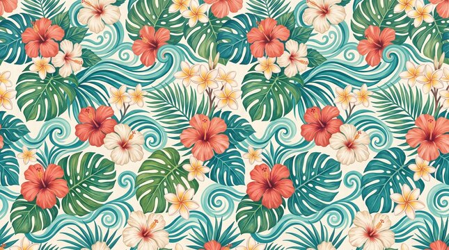 Tropical luau backround with seamless hibiscus and monstera pattern