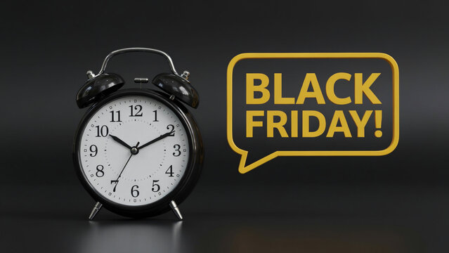 Black Friday sale concept with retro alarm clock and yellow speech bubble message on dark background limited time offer banner.