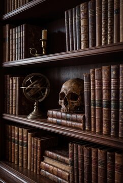Dark vintage library with human skull antique books armillary sphere and candle on wooden bookshelf