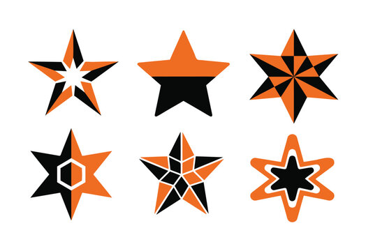Set of six different star shapes in orange and black colors for creative graphic design projects and modern geometric vector icons