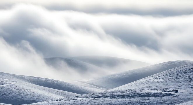 Dense white clouds rolling over snow covered rolling hills during a winter landscape scene