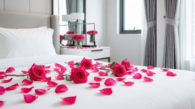 Luxurious bedroom interior features bright white bed with pink rose petals spread on duvet. Romantic hotel room decor with fresh flowers on side table. Elegant suite setup for anniversary, wedding,