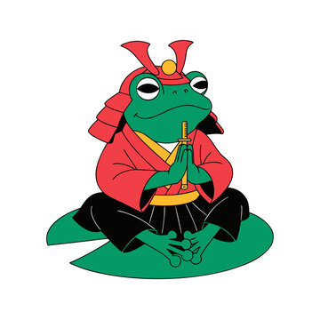 Cute Samurai Frog Sitting in Meditation Pose on Lily Pad with Katana Sword Illustration