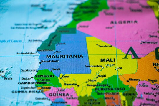 Closeup of the county Mali on world map. Tour and travel concept.
