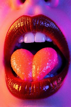 Closeup of woman mouth with glossy red lips, white teeth. Pink tongue shaped like heart drips neon orange liquid. Sensual beauty concept with wet texture, bright glowing colors, juicy aesthetic.