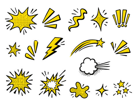 Set of comic effect shape with pop art style. Comic speech bubbles halftone dot background. Comic surprise, inspiration and attention effect. Stock vector illustration isolated on white background.