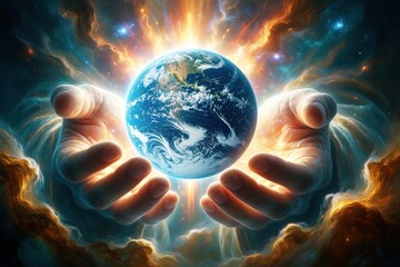 Fototapeta premium Divine hands hold glowing planet Earth in cosmic space. Celestial creator protects world with holy power. Spiritual light shines through nebula clouds. Sacred concept of god mercy, universal balance