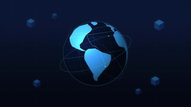 pixel earth loop animation spinning globe digital network cyber blue