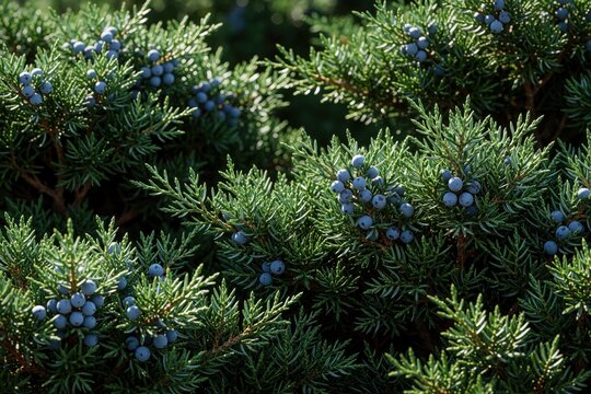 Green juniper bush with blue berries in summer garden. Close up view of evergreen shrub foliage, small ripe berries. Dense needle leaves create natural texture for eco background. Wild coniferous