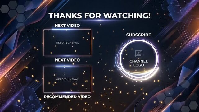 Outro template video animation with glowing particles and abstract futuristic blue background for channel streaming media footage