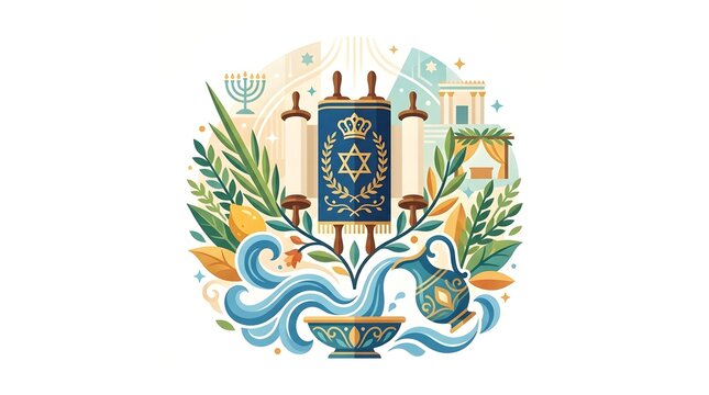 Shemini Atzeret Jewish holiday concept vector illustration with open Torah scroll, sukkah roof, menorah, shofar, and four species symbols