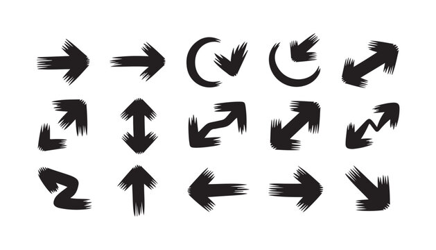 Black rough grunge arrows on transparent background for creative navigation and design elements.