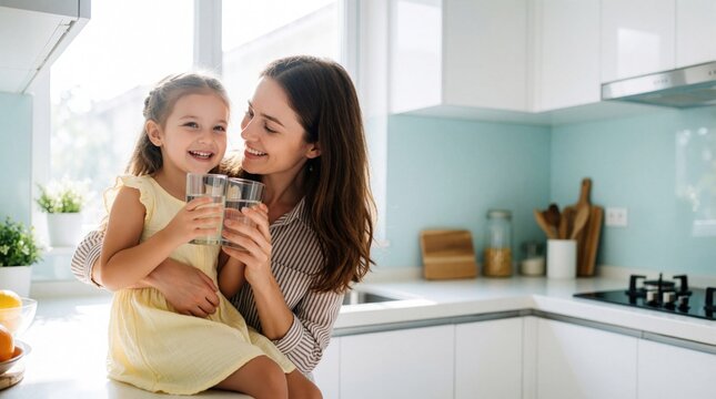 Happy caucasian mother, little daughter drink fresh clean water from glass in modern bright kitchen. Smiling woman hugs child enjoy healthy hydration at home. Family lifestyle concept with young