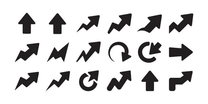 Collection of bold black arrow icons with upward and zigzag designs for indicating growth and movement.