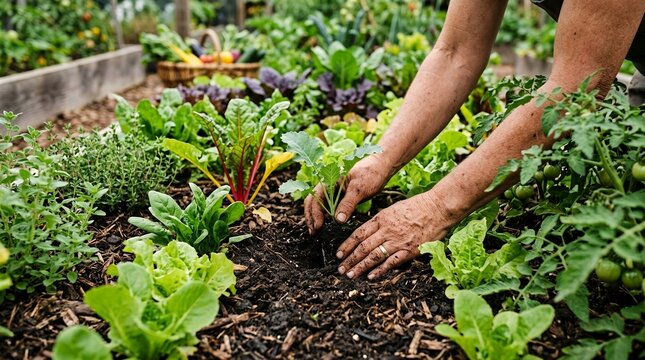 Hands planting a seedling in a lush vegetable garden bed.