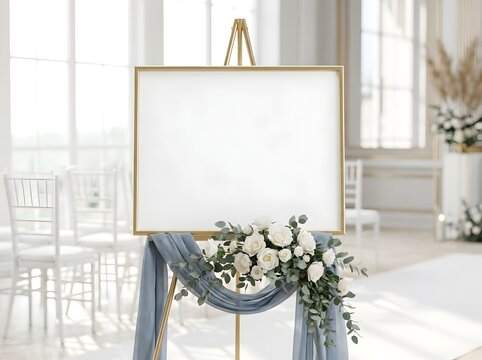 Wedding Welcome Sign Mockup with Gold Frame and White Roses