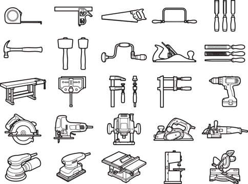 A collection of diverse carpentry and woodworking tools are neatly arranged in a grid, showcasing essential equipment for construction and craftsmanship.