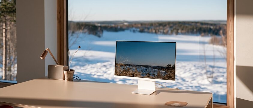 Minimalist desk with a slim monitor mockup overlooking a snowy winter landscape, a calm lived-in workspace for remote work and design features