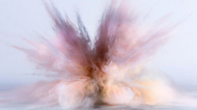 Burst of powder snow exploding upward in a fanning cloud, featuring frozen motion and pastel hues for winter visuals and copy space