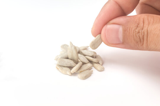 Fingers holding a single sunflower seed above a pile on white