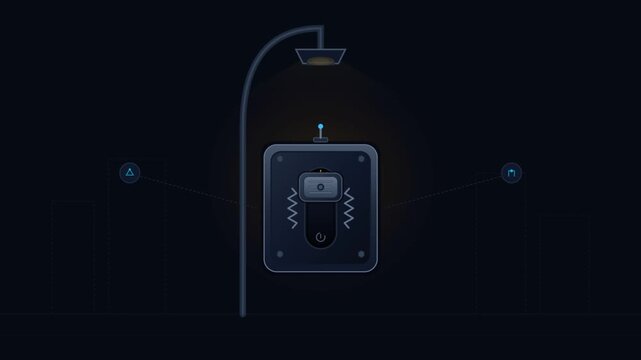Dark mode vector animation of streetlamp illuminating tactile switch interface