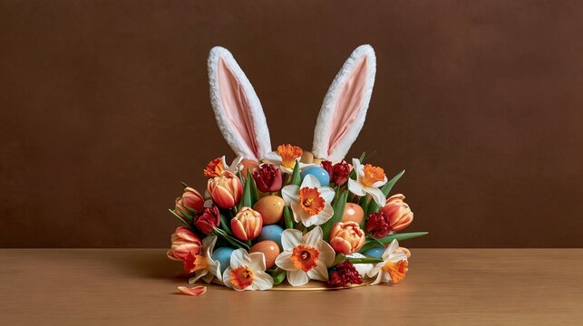 Hard hat with easter bunny ears decorated with colorful tulips and daffodils on a gold surface for seasonal greeting designs