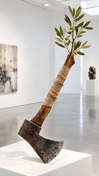 Rustic axe with olive branch displayed in a gallery