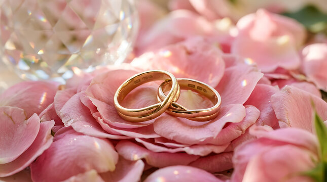 Two interlocking gold wedding rings resting on soft pink rose petals