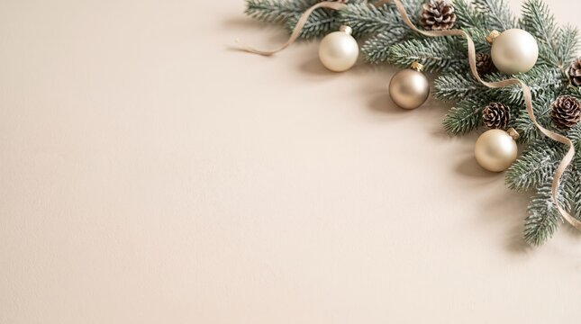 Elegant christmas arrangement with ornaments and pine branches on a soft background