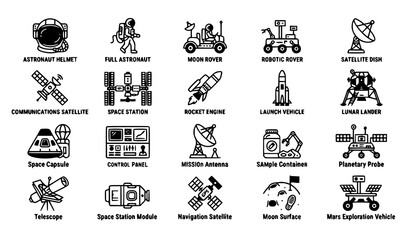 Astronaut Aerospace Technology and Space Exploration Black Vector Icons © Asif