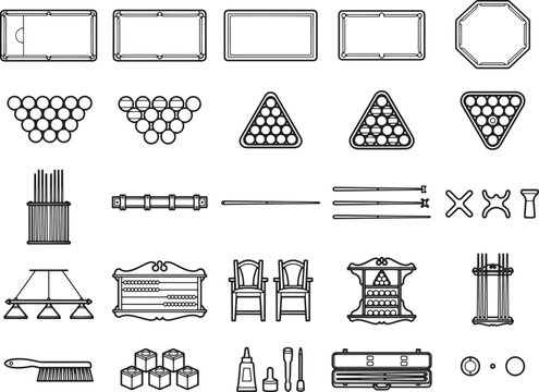 A collection of line art icons representing various billiard and pool accessories, including tables, balls, racks, cues, and cue holders.