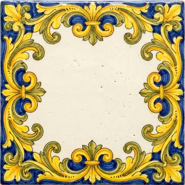 Decorative ceramic tile with floral scroll border