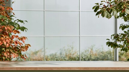Fototapeta premium Timber counter with a smooth wood grain surface in a bright interior, featuring natural foliage for a sustainable product display mockup