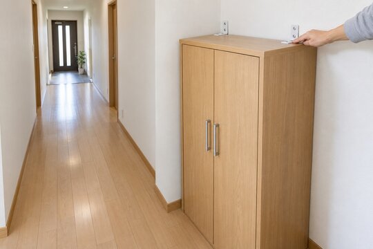 背の高い収納家具を転倒防止器具で固定して避難経路を塞ぎにくくする