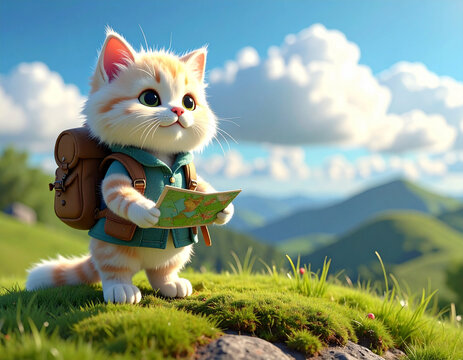 バックパックを背負って地図を見るかわいい子猫の冒険イラスト/Cute kitten with a backpack holding a map on an adventure, 3D illustration