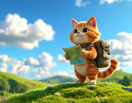 バックパックを背負って地図を見るかわいい子猫の冒険イラスト/Cute kitten with a backpack holding a map on an adventure, 3D illustration